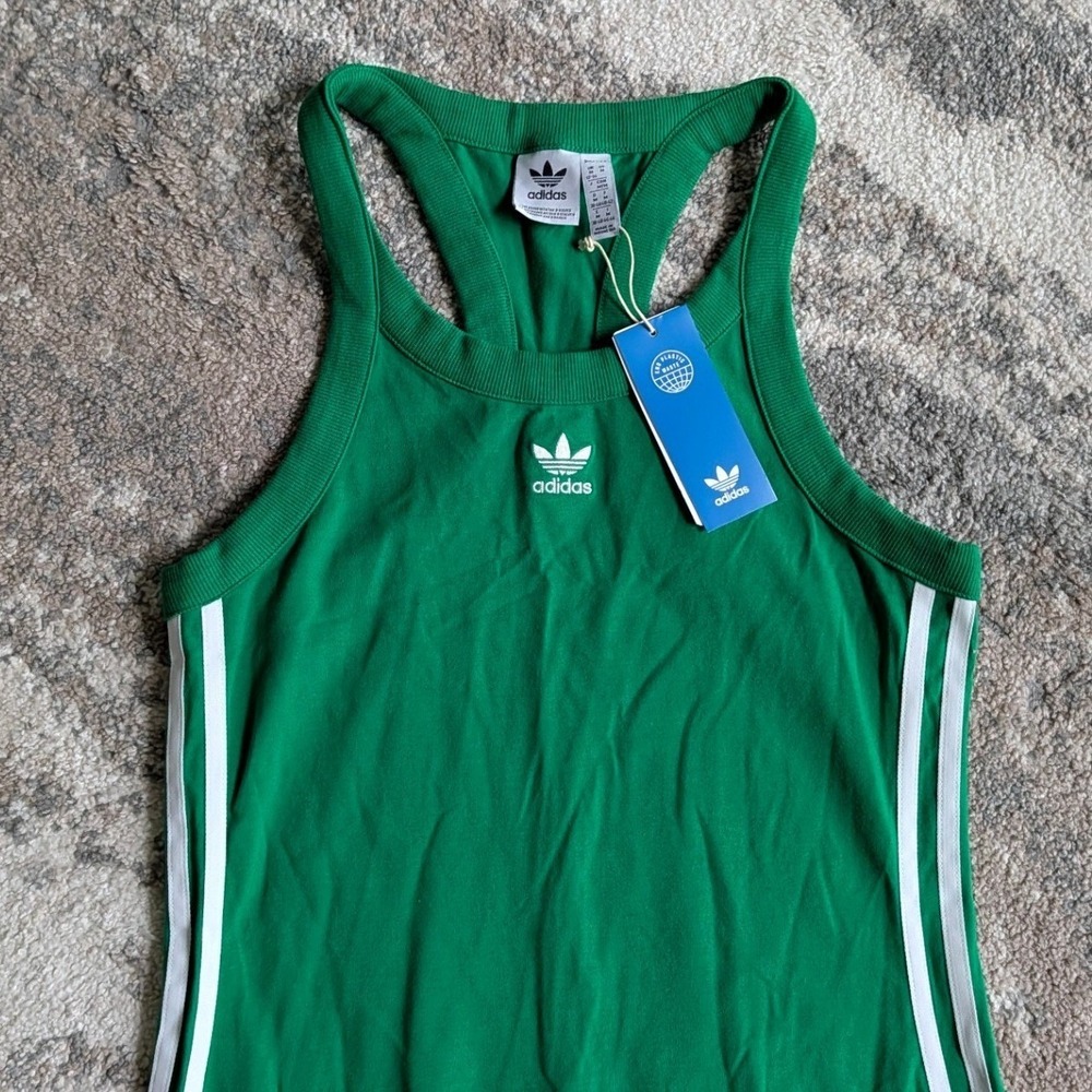 Adidas Originals Long Tank Dress Green White 3-Stripe Racerback Midi Size M - Picture 4 of 8